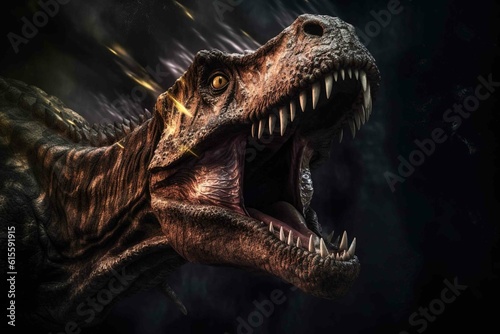 A close-up view of a ferocious T-Rex hunting his prey. Created with Generative Ai technology.