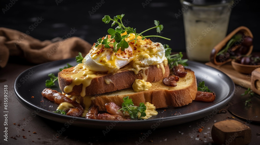 A beautifully plated brunch dish with scrambled eggs, bacon, sausages and toasted bread A beautifully plated brunch dish with scrambled eggs, bacon, sausages and toasted bread