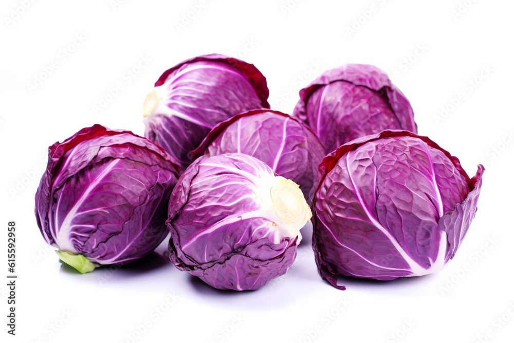 Purple cabbage on a white background. Fresh purple cabbage vegetable. Generative AI. Purple cabbage on a white background. Fresh purple cabbage vegetable. Generative AI.
