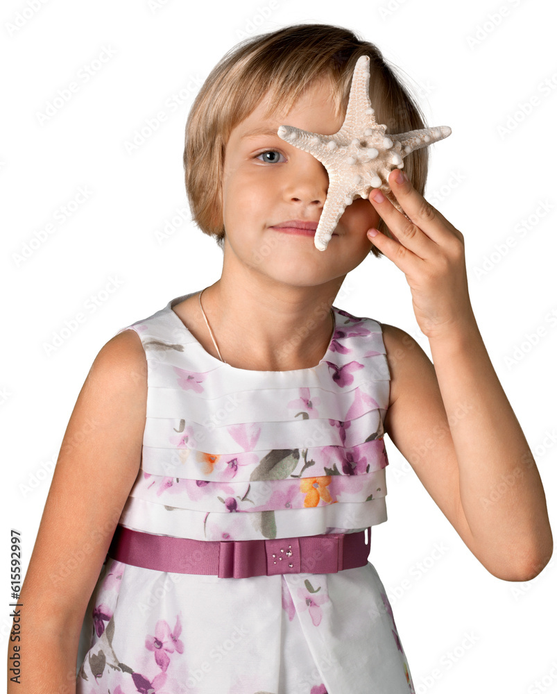 Close-up of cute little girl with seashell isolated on white background Close-up of cute little girl with seashell isolated on white background