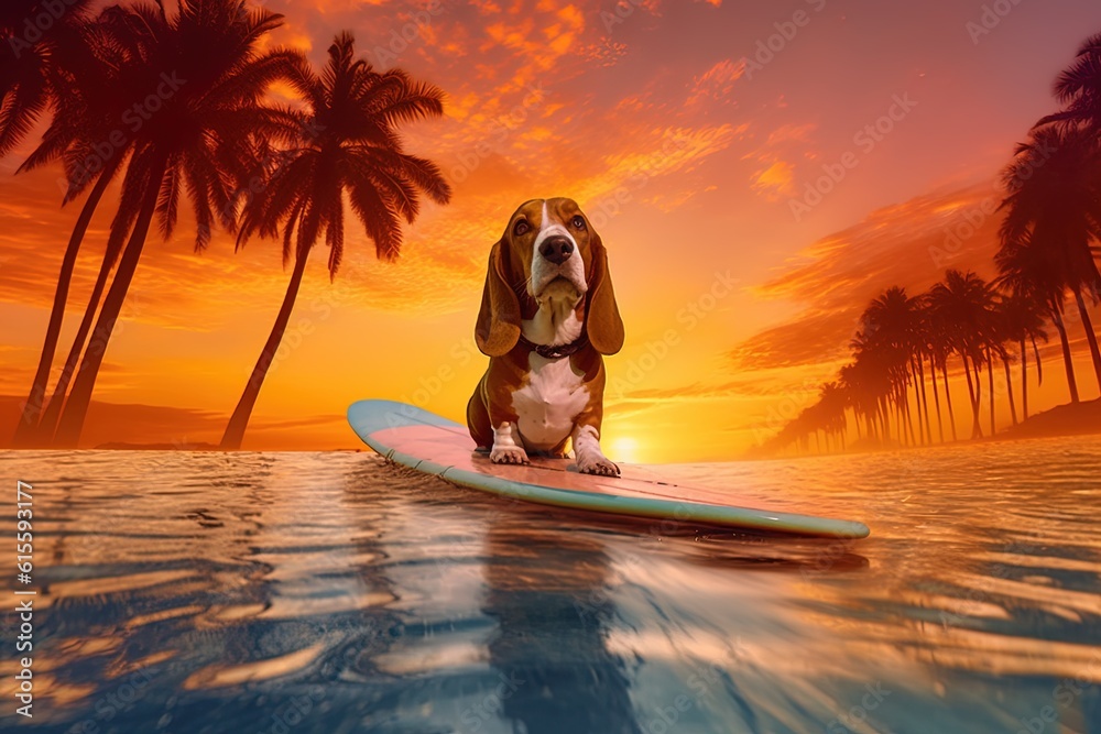 Beagle dog on sup board. Sunset and palms at background. Generative AI