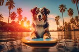 Australian shepherd aussi dog on sup board. Sunset and palms at background. Generative AI