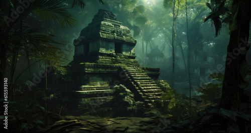 ancient and overgrown mayan temple ruins in the jungle  lost place in the amazon rainforest  fictional landscape created with generative ai