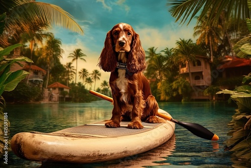 English cocker spaniel dog on sup board on a river. Hotel  and palms at background. Generative AI photo