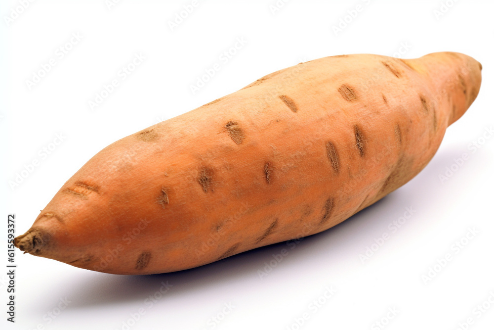 Raw sweet potato on a white background. Orange potato is organic. Ai generative. Raw sweet potato on a white background. Orange potato is organic. Ai generative.