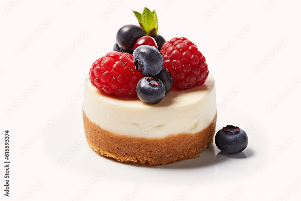 Mini cheesecake with berries and cream on a white background. Birthday cake, a sweet and colorful dessert. Ai generative. Mini cheesecake with berries and cream on a white background. Birthday cake, a sweet and colorful dessert. Ai generative.