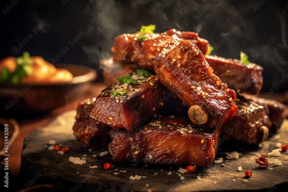 Closeup of pork ribs grilled. Grilled and barbecue ribs pork. Ai Generative.