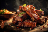 Closeup of pork ribs grilled. Grilled and barbecue ribs pork. Ai Generative.