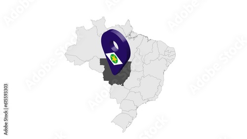 Location State of Mato Grosso on map Brazil. 3d Mato Grosso flag map marker location pin. Map of  Brazil showing different parts. Animated map States of Brazil. 4K.  Video photo