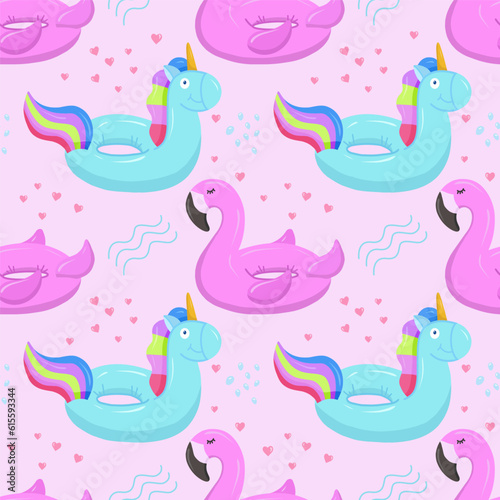 Inflatable swimming circle with a blue unicorn, flamingo. Inflatable rubber toys for water and beach. Seamless vector pattern on summer and marine themes.