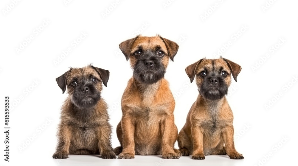 Border Terrier United Pack: Dogs Sitting in a Group on White Background