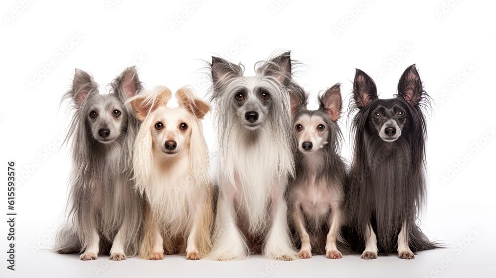 Chinese Crested Dog Family. Dogs Sitting in a Group on White Background