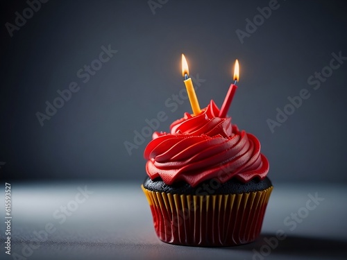 Delicious birthday cupcake on table