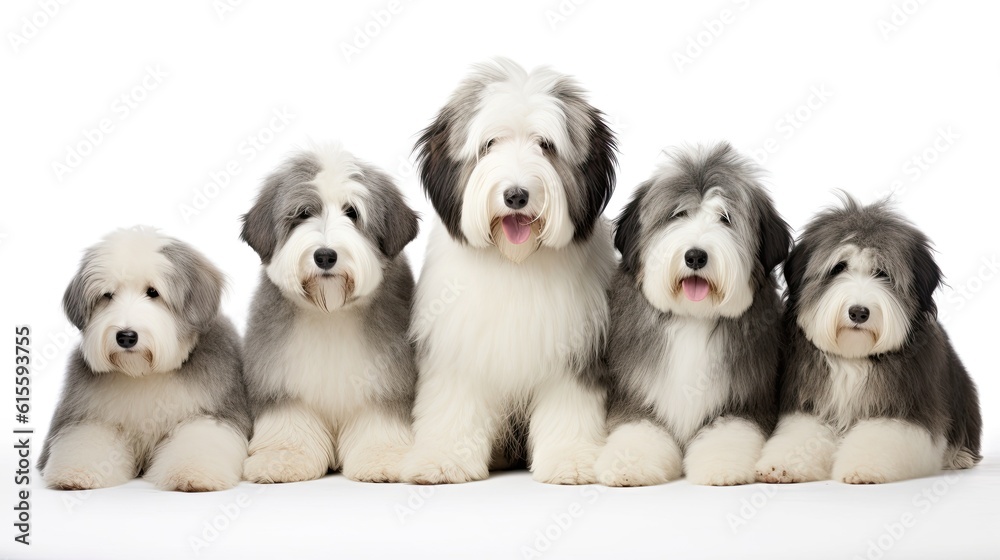 Old English Sheepdog Dog Family. Dogs Sitting in a Group on White Background