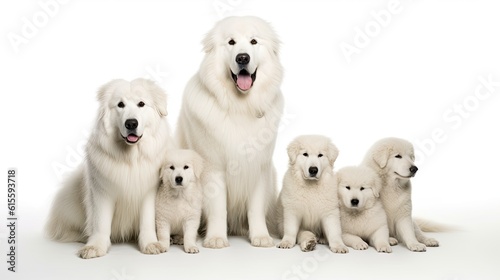 Great Pyrenees Dog Family. Dogs Sitting in a Group on White Background