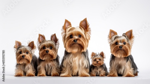 Yorkie Dog Family. Dogs Sitting in a Group on White Background