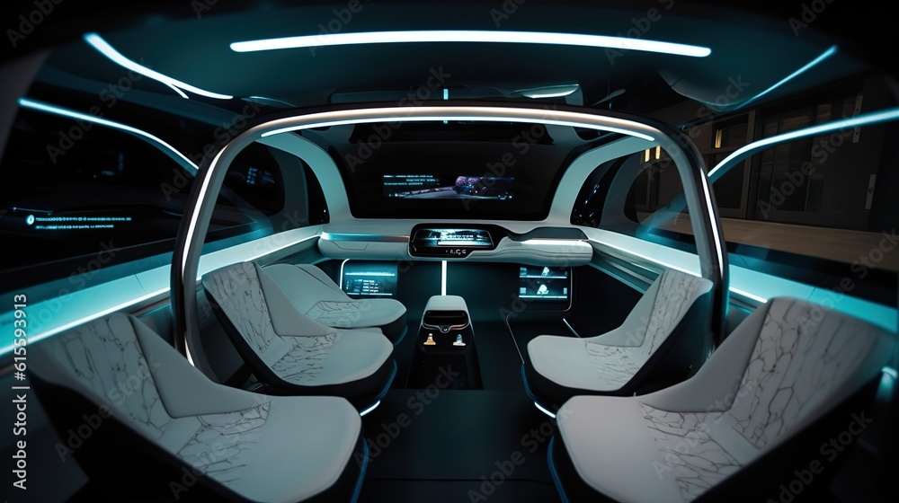 Driverless car interior with modern seats and futuristic dashboard for autonomous control system. Generative Ai technology.