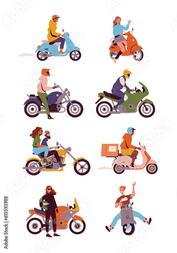 People on motorcycles set. Characters in helmets ride bike or scooter, quickly deliver food and packages. Ride, transport and trip concept. Cartoon flat vector collection isolated on white background