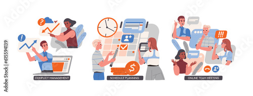 Team management set. Employees develop business plan and strategy, productive online meetings. People propose ideas, organize project and manage conflict at workplace. Cartoon flat vector illustration