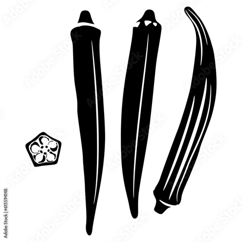 Three ripe pods or fruits of okra and one cut slice. Abelmoschus esculentus. Black and white silhouette.