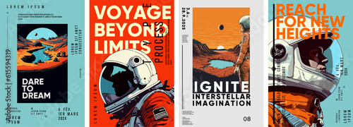 Space. Astronaut. Set of vector posters. Typography design and vectorized illustrations on the background.