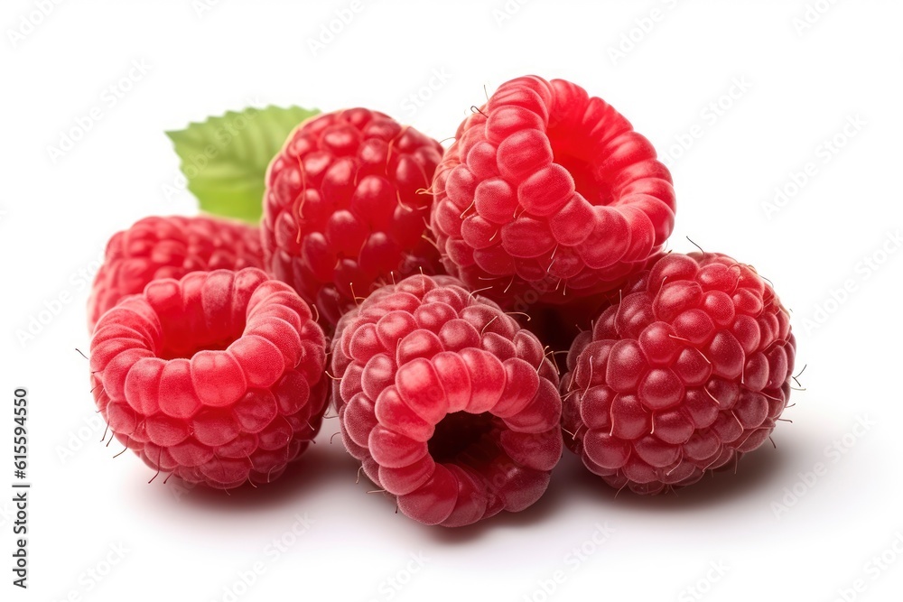 Illustration of fresh raspberries with green leaves on a plain white background created with Generative AI technology Illustration of fresh raspberries with green leaves on a plain white background created with Generative AI technology