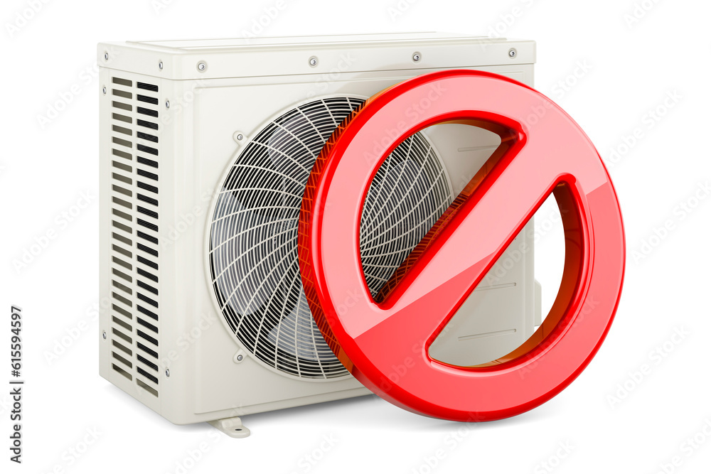 Air conditioner, outdoor compressor unit with prohibition sign. 3D