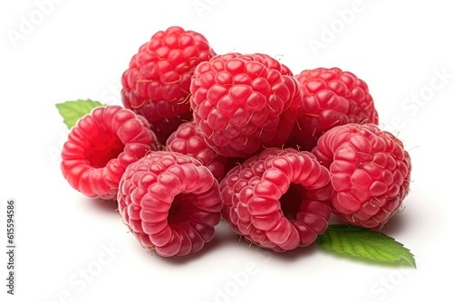 Illustration of fresh raspberries with green leaves on a white background created with Generative AI technology