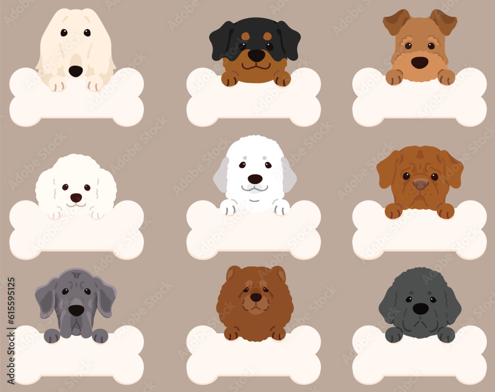 Set of flat colored cute and simple dog heads illustrations with front paws holding a bone Set of flat colored cute and simple dog heads illustrations with front paws holding a bone
