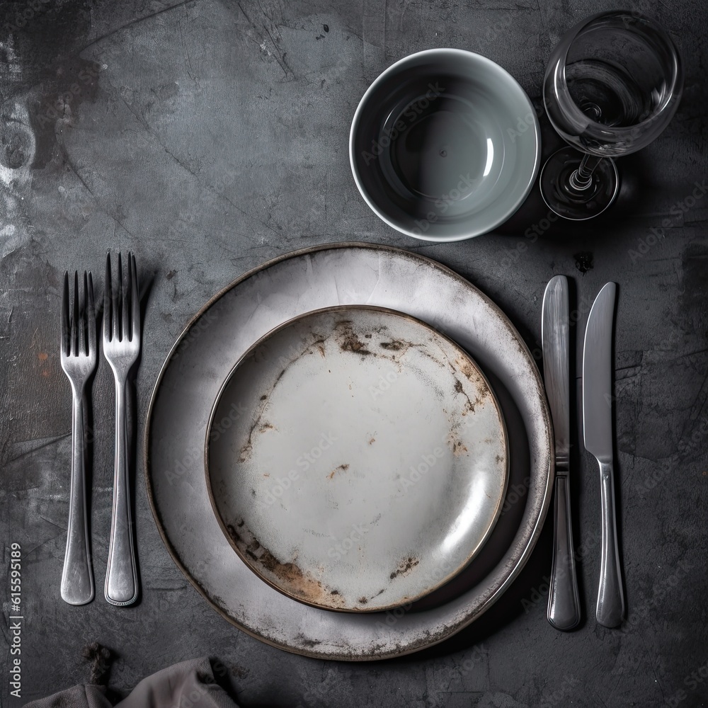 Empty rustic plate on table. Illustration AI Generative.