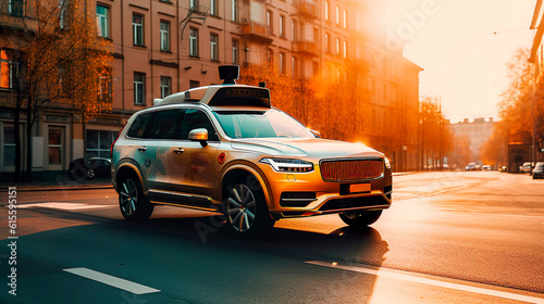 Self-driving car. Software sensor on the roof of the car scans the road. Generative Ai technology. © Irina