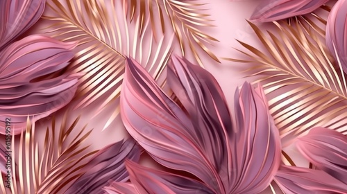 Pink and golden luxury background with tropical leaves. Illustration AI Generative