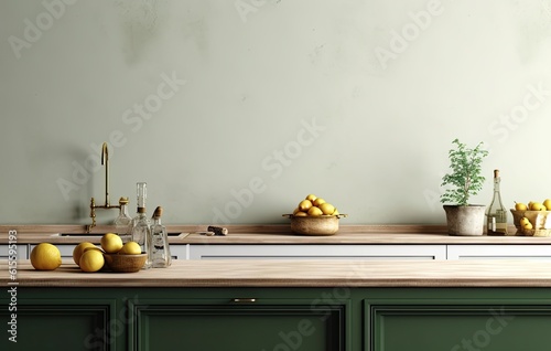 Table on green kitchen. Illustration AI Generative.