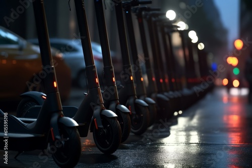 Row of modern eco electric city scooters parked in the city for sharing. Generative AI