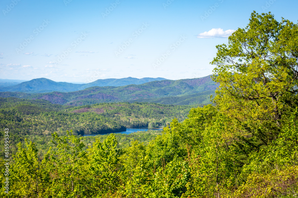 Rural forest trees and mountain ranges surrounding lake of water