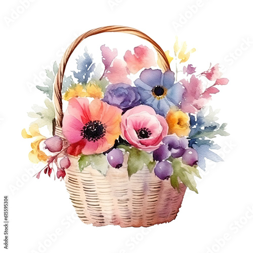 Fototapeta Naklejka Na Ścianę i Meble -  Cute watercolor flowers in basket. Illustration AI Generative.