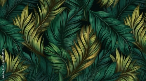 Green and golden luxury background with tropical leaves. Illustration AI Generative.
