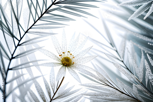 Biały egzotyczny kwiat w otoczeniu liści. Generative AI