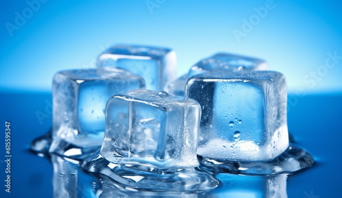 A refreshing composition featuring a collection of cube-shaped ice cubes arranged on a vibrant blue background, creating a cool and invigorating visual representation. Based on Generative Ai.