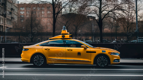 Self-driving yellow taxi. Software sensor on the roof of the car scans the road with radar waves. Generative Ai technology.
