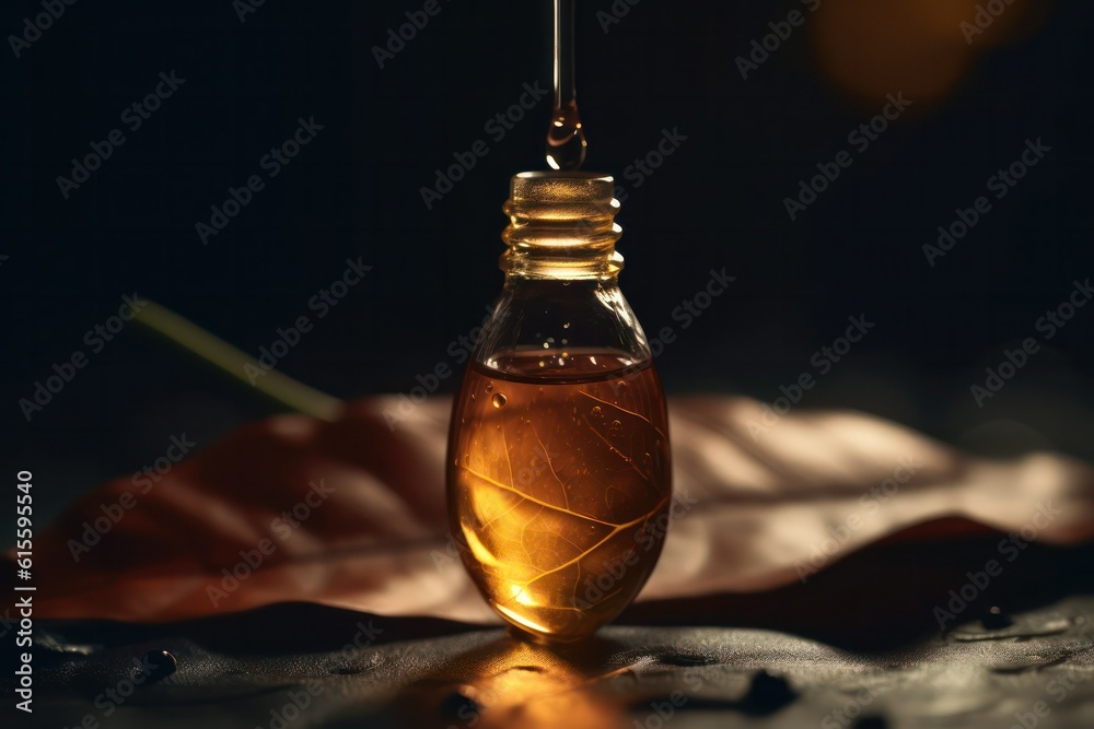 Alternative medicine and healing products, herbal natural cosmetics, aromatherapy and essential oils concept. A drop of liquid falls into a bottle on the background of nature. Generative AI - obrazy, fototapety, plakaty 