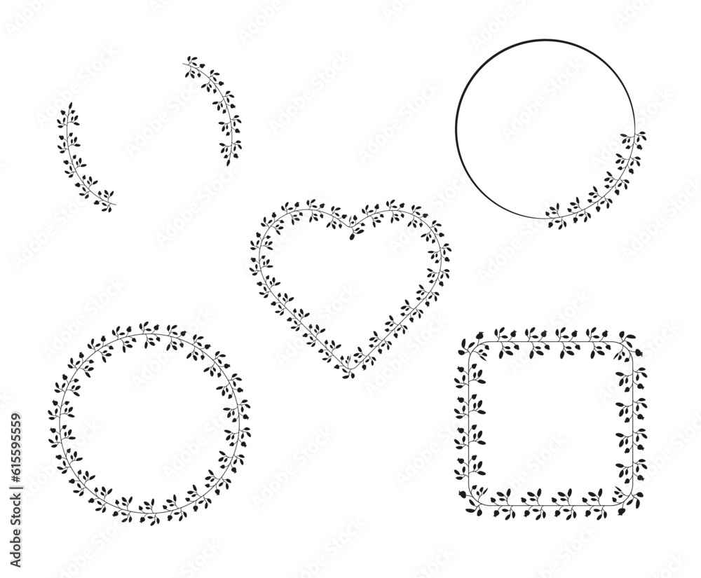 Botanical round frame, square frame, heart shaped frame. Hand drawn frames with lines, leaves and berries, wedding invitations and cards, logo designs and poster templates. Elegant floral frame Botanical round frame, square frame, heart shaped frame. Hand drawn frames with lines, leaves and berries, wedding invitations and cards, logo designs and poster templates. Elegant floral frame