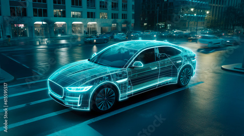  Artificial Intelligence technology in autonomous self-driving electric car. Ecology concept. Generative Ai technology.