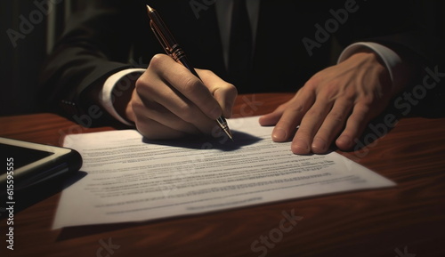 A professional individual dressed in a sleek suit, confidently signing a document with a pen, exuding a sense of authority and importance. Based on Generative Ai.