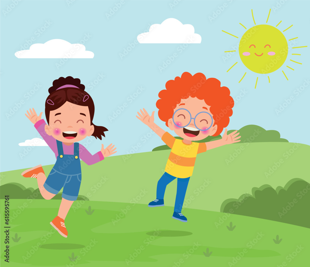 Happy children playing in the park. Vector illustration in cartoon style.