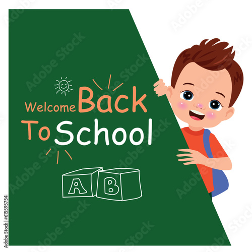 Back to school banner. Cute little boy holding a chalkboard with letters. Vector illustration.