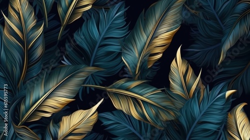 Blue and golden luxury background with tropical leaves. Illustration AI Gener...