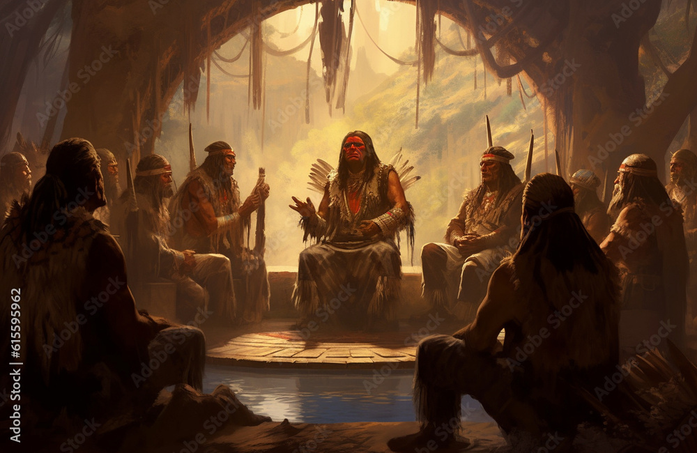 Native American chief holding a tribal council meeting in an engaging atmosphere Generative AI