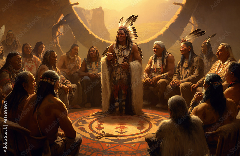 Native American chief holding a tribal council meeting in an engaging atmosphere Generative AI Native American chief holding a tribal council meeting in an engaging atmosphere Generative AI