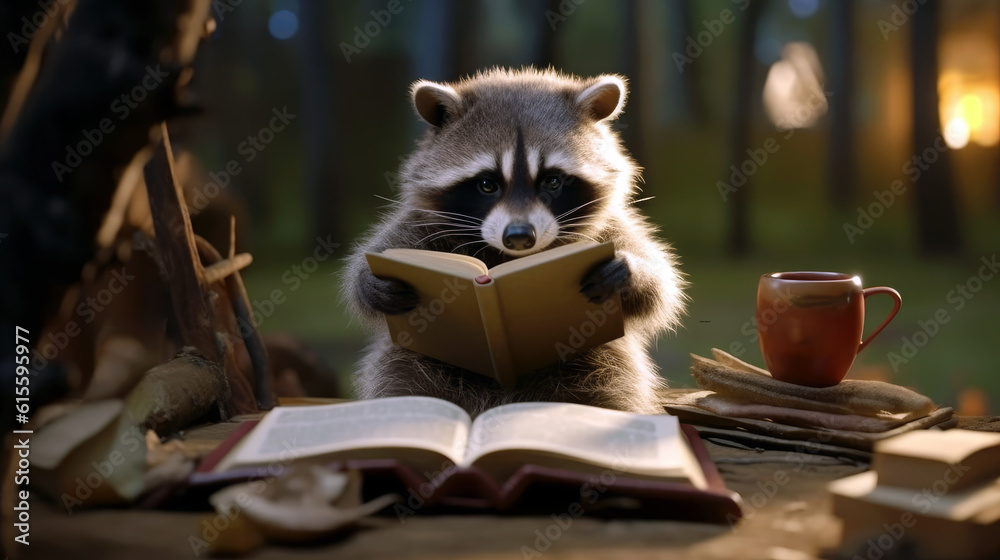 a funny raccoon is sprawled out on its back, engrossed in reading a book. Generative ai